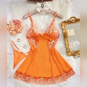 2 For $40 New! Elegant Orange Lace Chemise Set Size Medium NWT!
